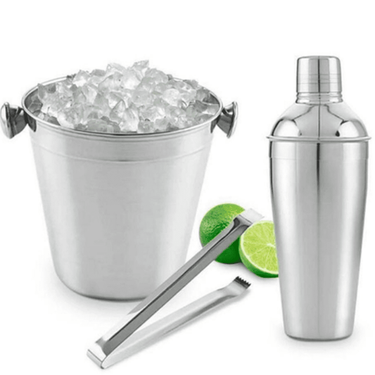 Kit Bar Coqueteleira Drink Em Aço Inox 3 Peças Com Balde